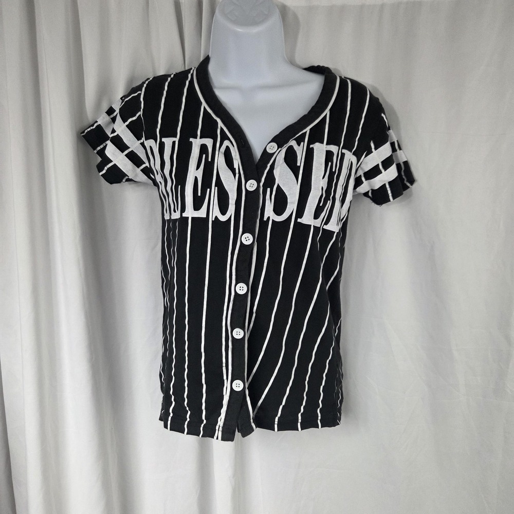 On Fire Shirt Juniors Small Black Blessed 10 Button Front Jersey Top Striped